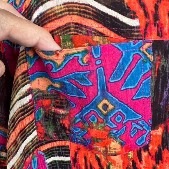 Chico's Silk Bright Abstract Mixed Printed Blouse Size 2 (L) Art to Wear  Artsy - Picture 6 of 7